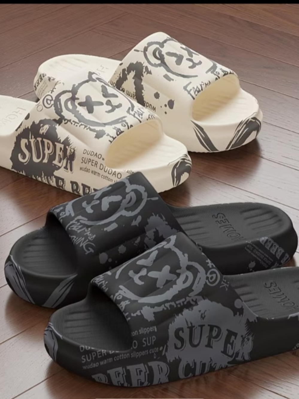 Graphic Bear Print Slide Sandals - Black & Cream